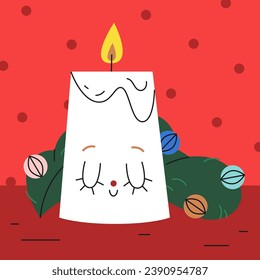 Candle with Christmas tree branch and decorations. Cute greeting card.