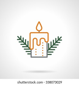 Candle with Christmas tree branches. Winter holidays symbols. Colored simple line style vector icon. Single web design elements for business, app, website.