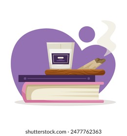 A candle and cigar on books with a purple abstract shape in the background. Vector illustration