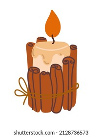 Candle with cinnamon decor. Vector illustration in a flat style.