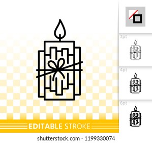 Candle with cinnamon sticks thin line icon. Outline flame sign. Christmas time linear pictogram, different stroke width. Simple vector symbol, transparent backdrop. Editable stroke icon without fill