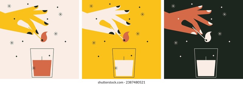 Candle collection. Abstract flat vector illustration with hand lighting candle in glass jar. Aromatherapy. Scented. Romantic. Candles set. Perfect background for web posters, cover design, spa salon.