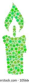 Candle composition of circle elements in variable sizes and eco green shades. Vector dots are combined into candle illustration. Ecology design concept.