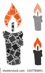 Candle composition of humpy items in various sizes and color tints, based on candle icon. Vector humpy items are organized into composition. Candle icons collage with dotted pattern.
