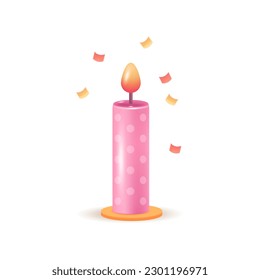 Candle with confetti 3d vector illustration. Decoration icon for surprise birthday party cake in cartoon style isolated on white background. Anniversary, holiday, happiness concept