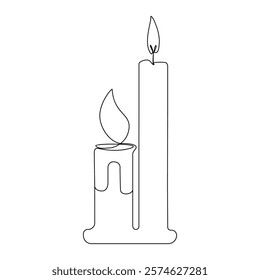 Candle continuous one line art Vector illustration holiday candlestick burning fire and melting vector graphics drawing.