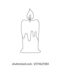 Candle continuous one line art Vector illustration holiday candlestick burning fire and melting vector graphics drawing.