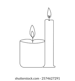 Candle continuous one line art Vector illustration holiday candlestick burning fire and melting vector graphics drawing.