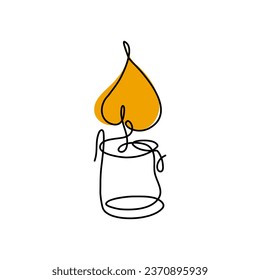 Candle continuous one line drawing. Vector linear illustration made of single line. Minimalistic design for logo, card. Christmas candle light.
