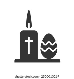 Candle with a cross decoration and a decorated egg – Easter symbols. Flat design icon with filled silhouette. Religious celebration and spirituality concept. For decor, web, app, logo, graphic design