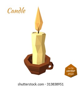 A candle in the cup and a bright flame isolated on white background. Low poly style. Vector illustration.