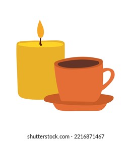 Candle with cup of hot drink tea coffee illustration. Thanksgiving autumnal decorative element. Flat vector illustration, isolated on white background. Happy Thanks giving day.