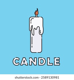 candle cute doodle design. candle with a small flame that is half melted. blue background. candle colored design