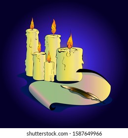 Candle - A Cylinder Or Block Of Wax Or Tallow With A Central Wick That Is Lit To Produce Light As It Burns. The Candle Burns And Illuminates Everything Around. A Feather Is Cherished On Top Of A Scrol