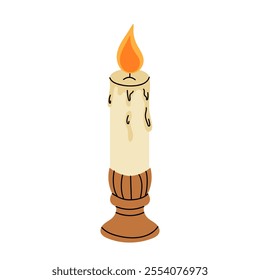 Candle. Decor to create cozy atmosphere. Elegant paraffin or wax candle. Flat illustration on a white background.