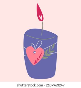 Una vela con una decoración de corazón de ramera. Símbolos vectores del amor. día de San Valentín. Una serie de postales al estilo boho.