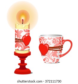 The candle is decorated with hearts. The Cup is decorated with a heart. Vector.