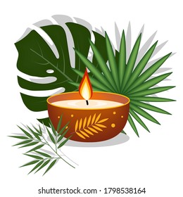 Candle decorated on a background of tropical leaves, clipart, design, decoration, icon, banner, logo