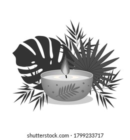 Candle decorated on a background of tropical leaves, clipart, design, decoration, icon, banner, logo