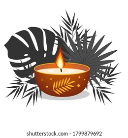 Candle decorated on a background of tropical leaves, clipart, design, decoration, icon, banner, logo