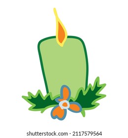 Candle decoration with christmas tree branch in doodle style. Vector element