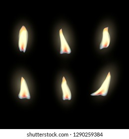 Candle different flame lights isolated on black background. Set of burning fire flame. Vector realistic candlelight element design.