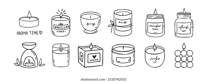 Candle doodle hand drawn icon set. Different shapes of wax candles, cubes, cylinders, balls. Burning candles. Vector illustration