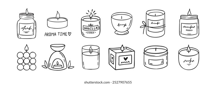 Candle doodle hand drawn icon set. Different shapes of wax candles, cubes, cylinders, balls. Burning candles. Vector illustration