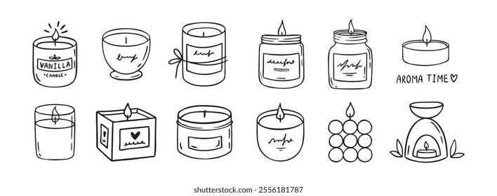 Candle doodle hand drawn icon set. Different shapes of wax candles, cubes, cylinders, balls. Burning candles. Vector illustration
