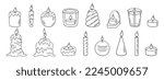 Candle doodle set,power outage lighting.Decoration for birthday party,romantic Valentine's Day dinner.Festive hand-drawn candlelight with wick and wax,for creating a special atmosphere.Isolated.Vector