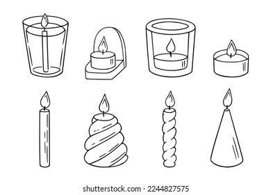 Conjunto de doodles de velas, iluminación con apagón.Decoración para la fiesta de cumpleaños, cena romántica en el Día de San Valentín.Festividad con velas dibujadas a mano con mecha y cera, para crear un ambiente especial.Aislado.Vector