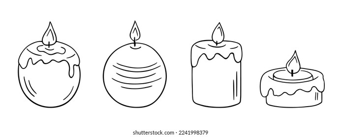 Candle doodle,power outage lighting.Decoration for birthday party,romantic Valentine's Day dinner.Festive hand-drawn candlelight with wick and wax,for creating a special atmosphere.Isolated.Vector