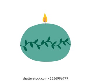 The candle is drawn in a flat, minimalist style. Warmth, fire, coziness. Hand drawn vector illustration.