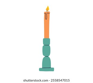 The candle is drawn in a flat, minimalist style. Warmth, fire, coziness. Hand drawn vector illustration.