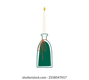 The candle is drawn in a flat, minimalist style. Warmth, fire, coziness. Hand drawn vector illustration.