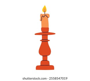 The candle is drawn in a flat, minimalist style. Warmth, fire, coziness. Hand drawn vector illustration.