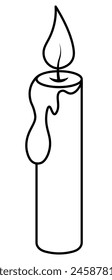 Candle. A drop of wax flows down from a burning candle. Curved wick. Hot flame. Sketch. Vector illustration. Outline on isolated background. Coloring book for children. Wax attribute for celebrations 