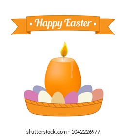 Candle and eggs in basket. Typographic designs on banner for Easter Day. Vector illustration on a white background