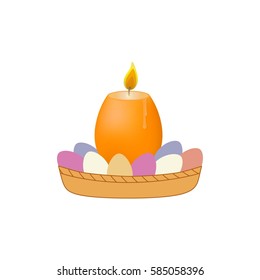 Candle and eggs in basket. Vector illustration on a white background