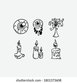 Candle-Auge Vektordoodle-Symbole gesetzt. Zeichnen Skizze Illustration handgezeichnet Linie.