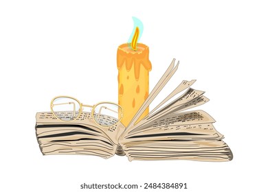 Candle and eyeglasses on open book on white background. Magic, esoteric, witchcraft, bible or mystery book. Relaxation at home. Bookstore, bookshop, library, book lover, bibliophile, education. Vector