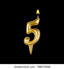 Candle figure number five. For decoration party, birthday, new year and celebrations. Realistic style isolated on black background. 3d. Stock - Vector illustration for your design and business