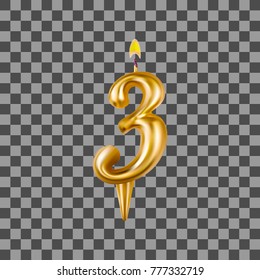 Candle figure number three. For decoration party, birthday, new year and celebrations. Realistic style isolated on transparent background. 3d. Stock - Vector illustration for your design and business