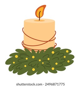 Candle and fir branches, Christmas decoration. Xmas, winter holiday ornament, decor, adornment. Decorative ornamental advent composition. Flat vector illustration isolated on white background