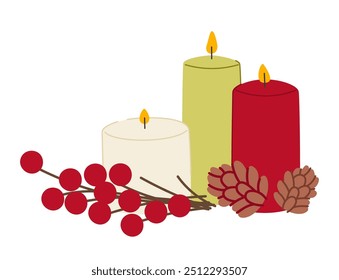 Candle and fir branches, Christmas decoration. Xmas, winter holiday ornament, decor, adornment. Decorative ornamental advent composition. Flat vector illustration isolated on white background