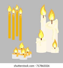 Candle with fire animation big set. Vector illustration