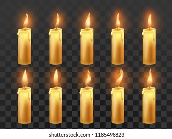 Candle fire animation. Burning orange wax candles, candlelight flame and animated fire flames, wax candle illuminate motion for game, video isolated realistic vector symbol