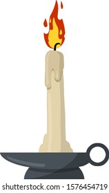 Candle with fire and candlestick. Wax object for lighting. Element of new year, religion, birthday and villages. Cartoon flat illustration. flame with wick.