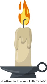 Candle with fire and candlestick. Wax object for lighting. Element of new year, religion, birthday and villages. Cartoon flat illustration. flame with wick.