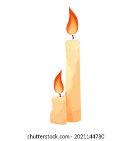 Velas con fuego al estilo de las caricaturas aisladas de fondo blanco. Mística, decoración mágica. 